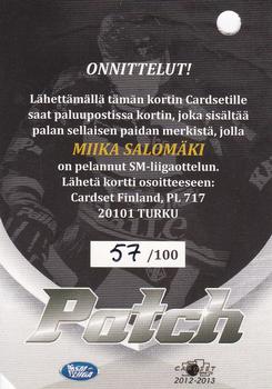 2012-13 Cardset Finland - Patch Series 2 Redemption #NNO Miikka Salomäki Back