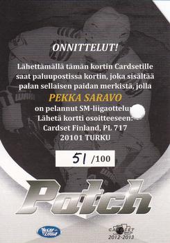 2012-13 Cardset Finland - Patch Series 2 Redemption #NNO Pekka Saravo Back