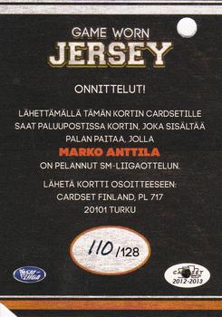 2012-13 Cardset Finland - Game Worn Jersey Series 1 Redemption #NNO Marko Anttila Back