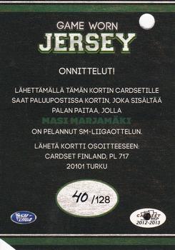 2012-13 Cardset Finland - Game Worn Jersey Series 1 Redemption #NNO Masi Marjamäki Back