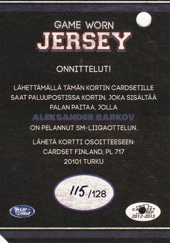 2012-13 Cardset Finland - Game Worn Jersey Series 1 Redemption #NNO Aleksander Barkov Back