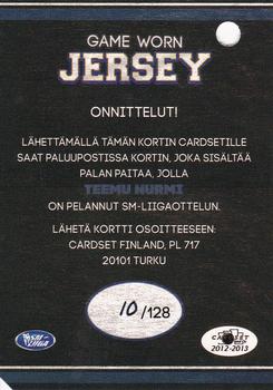 2012-13 Cardset Finland - Game Worn Jersey Series 1 Redemption #NNO Teemu Nurmi Back