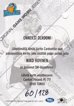 2011-12 Cardset Finland - Game Worn Jersey Redemption #NNO Niko Hovinen Back