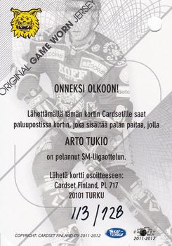 2011-12 Cardset Finland - Game Worn Jersey Redemption #NNO Arto Tukio Back