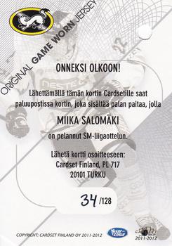 2011-12 Cardset Finland - Game Worn Jersey Redemption #NNO Miikka Salomäki Back