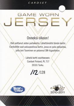 2010-11 Cardset Finland - Game Worn Jersey Series 1 Redemption #NNO Joni Tuominen Back