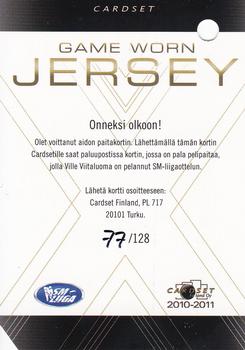 2010-11 Cardset Finland - Game Worn Jersey Series 1 Redemption #NNO Ville Viitaluoma Back