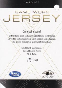 2010-11 Cardset Finland - Game Worn Jersey Series 2 Redemption #NNO Dwight Helminen Back