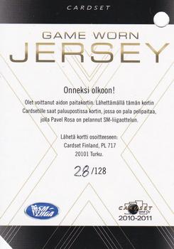 2010-11 Cardset Finland - Game Worn Jersey Series 2 Redemption #NNO Pavel Rosa Back