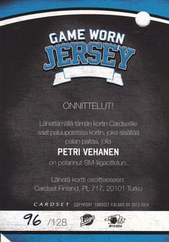 2013-14 Cardset Finland - Game Worn Jersey Series 1 Redemption #NNO Petri Vehanen Back