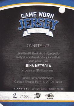 2013-14 Cardset Finland - Game Worn Jersey Series 1 Redemption #NNO Juha Metsola Back