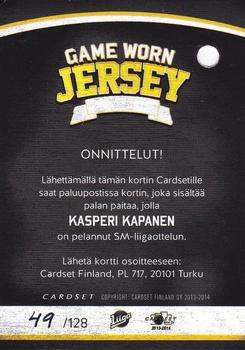 2013-14 Cardset Finland - Game Worn Jersey Series 2 Redemption #NNO Kasperi Kapanen Back