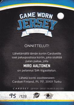 2013-14 Cardset Finland - Game Worn Jersey Series 2 Redemption #NNO Miro Aaltonen Back