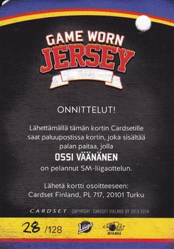 2013-14 Cardset Finland - Game Worn Jersey Series 2 Redemption #NNO Ossi Väänänen Back