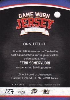2013-14 Cardset Finland - Game Worn Jersey Series 2 Redemption #NNO Eero Somervuori Back
