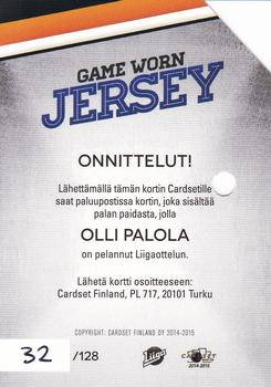 2014-15 Cardset Finland - Game Worn Jersey Series 1 Redemption #NNO Olli Palola Back