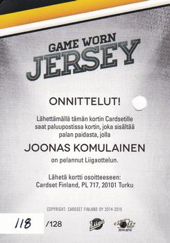2014-15 Cardset Finland - Game Worn Jersey Series 1 Redemption #NNO Joonas Komulainen Back