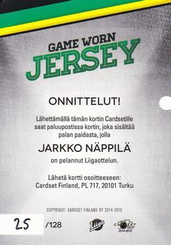 2014-15 Cardset Finland - Game Worn Jersey Series 2 Redemption #NNO Jarkko Näppilä Back
