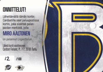 2014-15 Cardset Finland - Patch Series 1 Redemption #NNO Miro Aaltonen Back