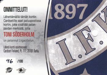 2014-15 Cardset Finland - Patch Series 1 Redemption #NNO Toni Söderholm Back