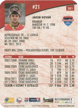 2012-13 Czech OFS Plus - Die Cut #381 Jakub Kovar Back