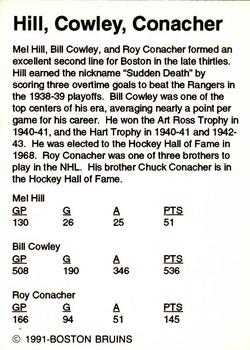 1991-92 Sports Action Boston Bruins Legends #12 Mel Hill / Bill Cowley / Roy Conacher Back