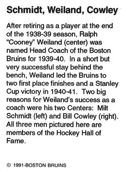 1991-92 Sports Action Boston Bruins Legends #29 Milt Schmidt / Cooney Weiland / Bill Cowley Back