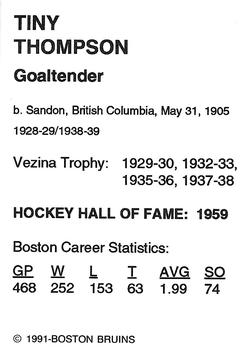 1991-92 Sports Action Boston Bruins Legends #32 Tiny Thompson Back