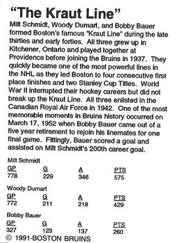 1991-92 Sports Action Boston Bruins Legends #36 Milt Schmidt / Woody Dumart / Bobby Bauer Back