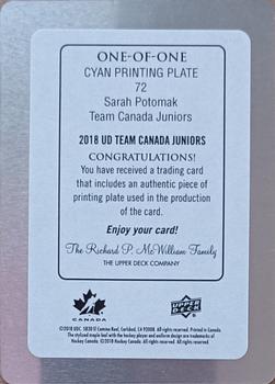 2018 Upper Deck Team Canada Juniors - Printing Plates Cyan #72 Sarah Potomak Back