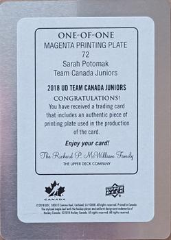 2018 Upper Deck Team Canada Juniors - Printing Plates Magenta #72 Sarah Potomak Back