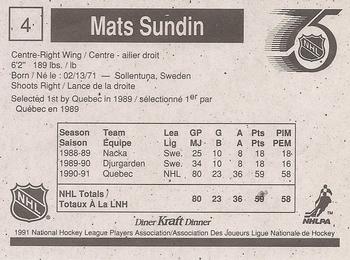1991-92 Kraft - Black Backs #4 Mats Sundin Back