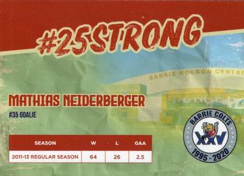 2019-20 Barrie Colts (OHL) 25th Anniversary #NNO Mathias Niederberger Back