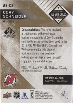 2016-17 SP Game Used - 2016 All-Star Skills Fabrics Patch Gold Achievements #AS-CS Cory Schneider Back