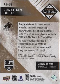 2016-17 SP Game Used - 2016 All-Star Skills Fabrics Patch Gold Achievements #AS-JQ Jonathan Quick Back