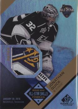 2016-17 SP Game Used - 2016 All-Star Skills Fabrics Patch Gold Achievements #AS-JQ Jonathan Quick Front