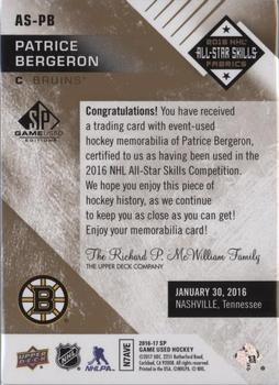 2016-17 SP Game Used - 2016 All-Star Skills Fabrics Patch Gold Achievements #AS-PB Patrice Bergeron Back
