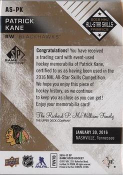 2016-17 SP Game Used - 2016 All-Star Skills Fabrics Patch Gold Achievements #AS-PK Patrick Kane Back