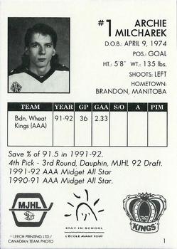 1992-93 Manitoba Junior Hockey League (MJHL) #1 Archie Milcharek Back