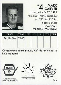 1992-93 Manitoba Junior Hockey League (MJHL) #148 Mark Carver Back