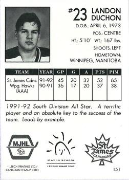 1992-93 Manitoba Junior Hockey League (MJHL) #151 Landon Duchon Back