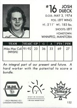 1992-93 Manitoba Junior Hockey League (MJHL) #152 Josh Dueck Back