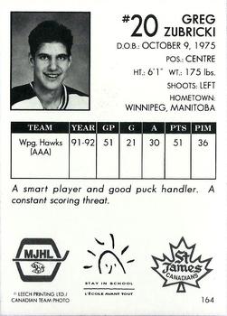 1992-93 Manitoba Junior Hockey League (MJHL) #164 Gregg Zubricki Back