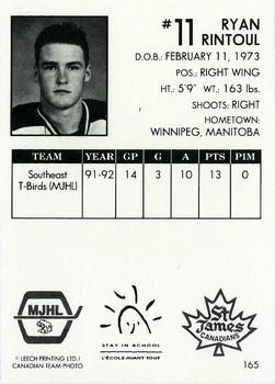 1992-93 Manitoba Junior Hockey League (MJHL) #165 Ryan Rintoul Back