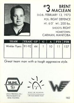 1992-93 Manitoba Junior Hockey League (MJHL) #182 Brent MacLean Back
