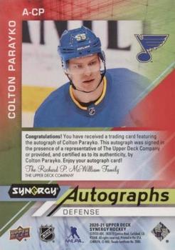 2020-21 Upper Deck Synergy - Autographs Red #A-CP Colton Parayko Back