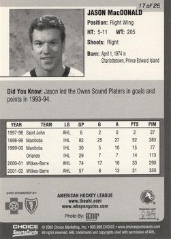 2002-03 Choice Wilkes-Barre/Scranton Penguins (AHL) #17 Jason MacDonald Back