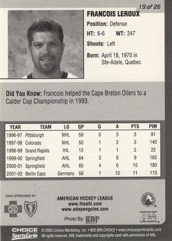 2002-03 Choice Wilkes-Barre/Scranton Penguins (AHL) #19 Francois Leroux Back