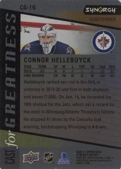 2020-21 Upper Deck Synergy - Cast for Greatness Purple #CG-16 Connor Hellebuyck Back