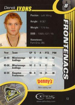 2004-05 Extreme Kingston Frontenacs (OHL) #12 Derek Lyons Back